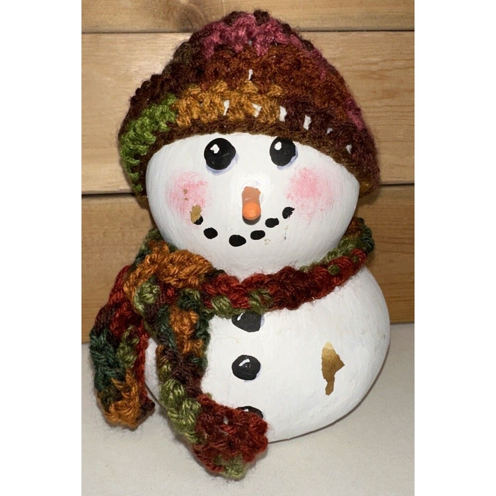 Primitive Painted Gourd Snowman Holiday Folk Art Centerpiece Rustic Fall Winter